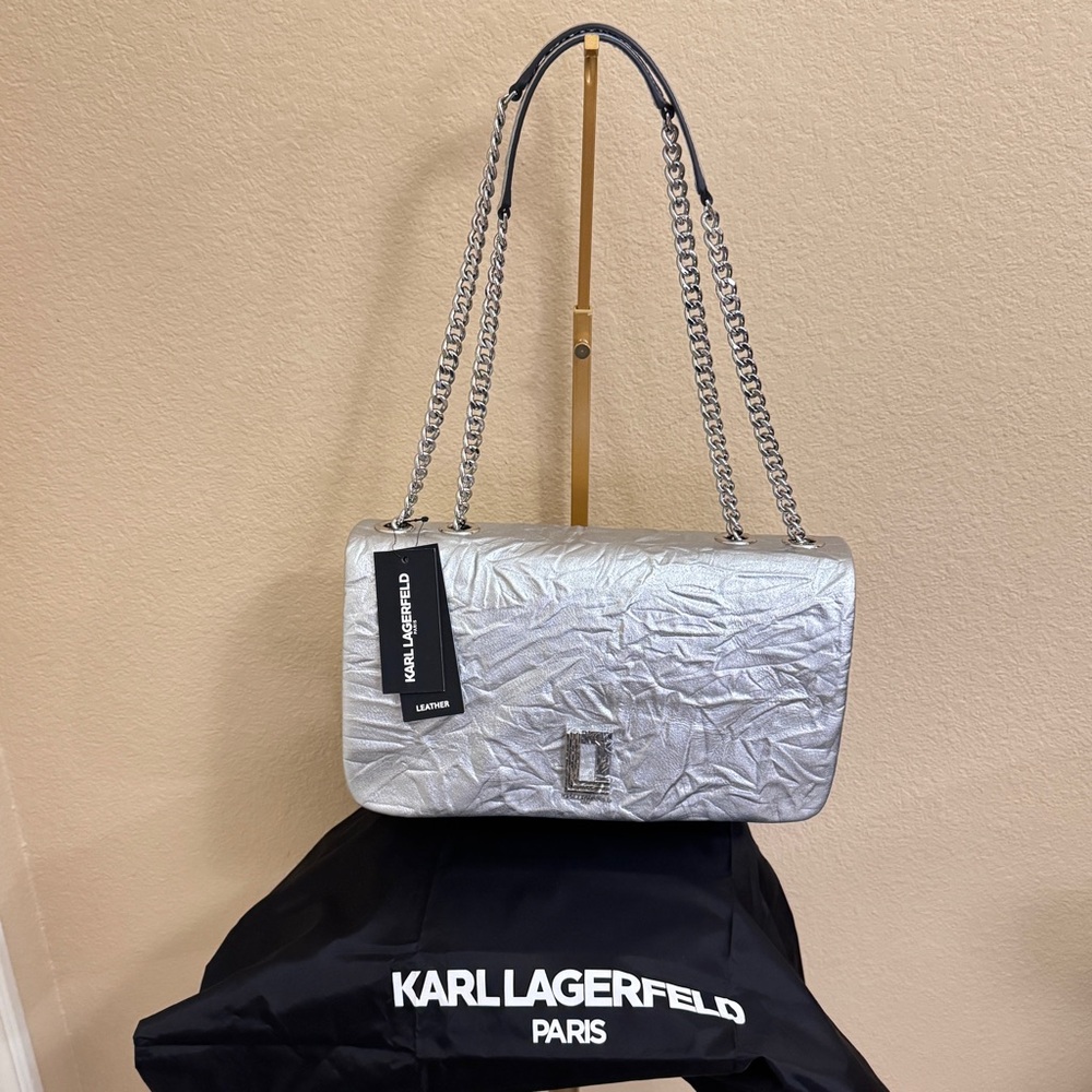 NWT KARL LAGERFELD Lafayette Shoulder Crossbody Extra large Bag Silver Leather